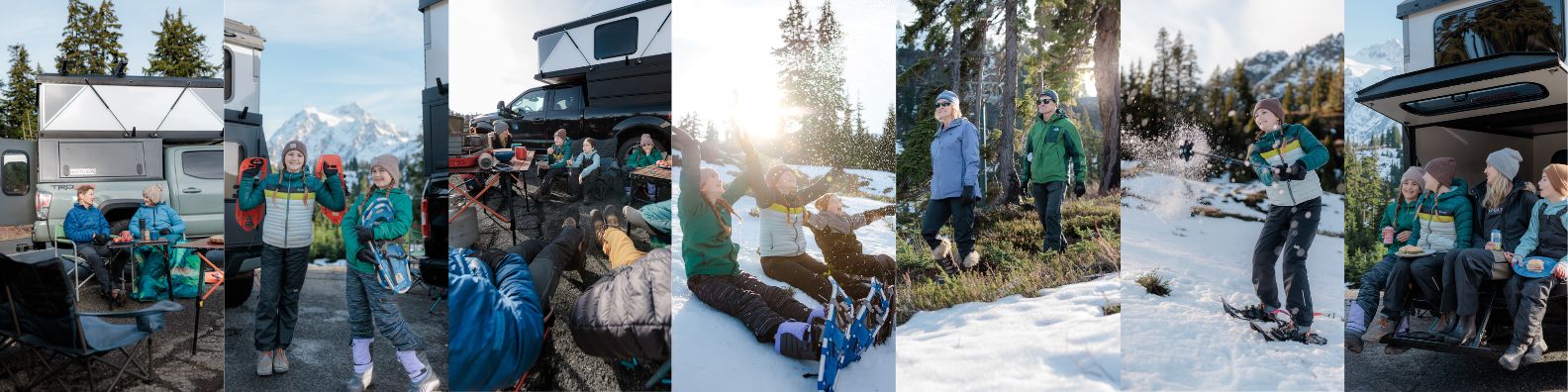 Family enjoying snowy winter activities near their Hiatus truck camper under bright winter sun.