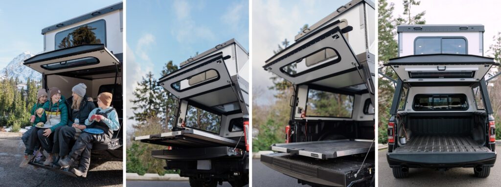 Truck camper tailgate door used as a workspace and seating area with Hiatus camper, showing open truck bed access and Decked drawer system storage