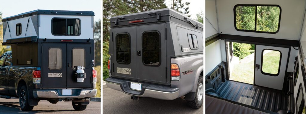 Truck camper barn doors showing rear entry opening size with Hiatus camper, including exterior and interior views of door width and access space