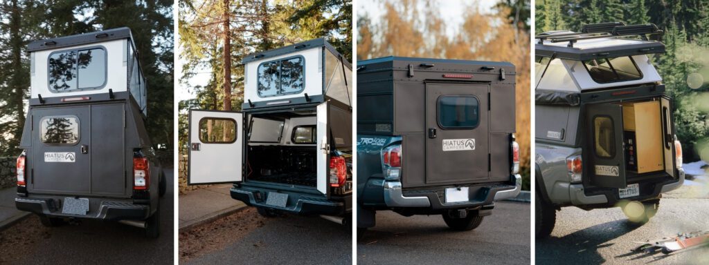 Custom truck camper door options including single rear door and asymmetrical barn doors on a Hiatus pop-up truck camper