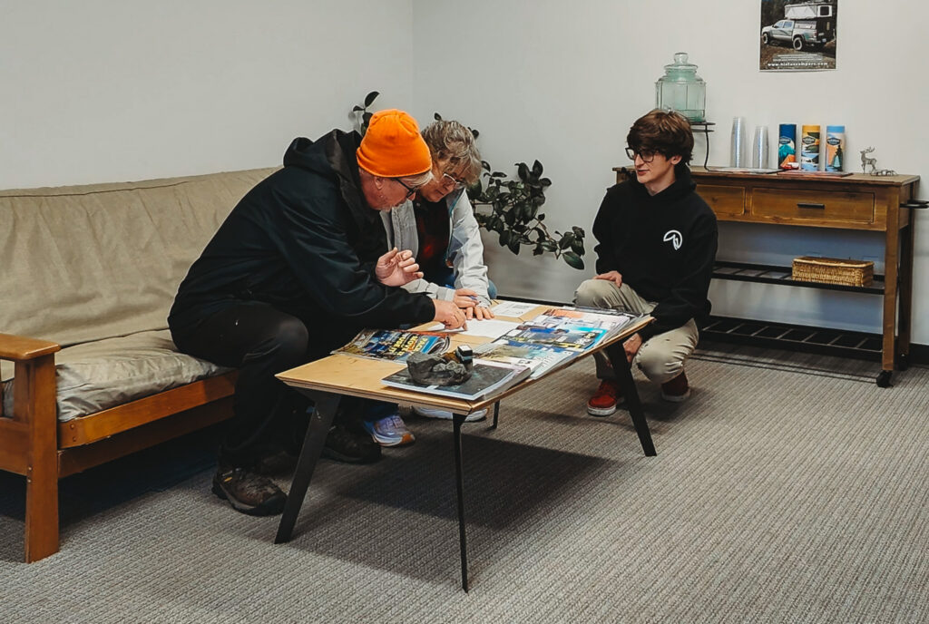 Hiatus Campers shop private waiting room on truck camper installation day